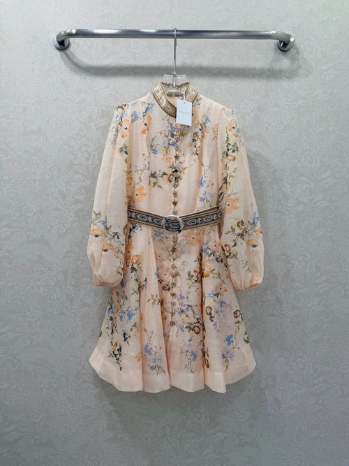 Zimmermann Stand Collar Short Dress with Lantern Sleeves and Multi-Treasure Hardware