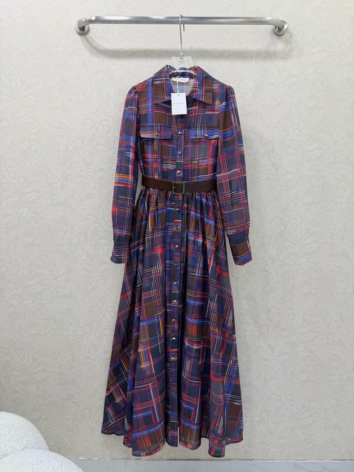 Zimmermann Checkered Long Sleeve Dress with Leather Belt and Full Skirt