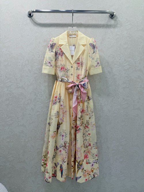Zimmermann Flower-Printed Long Dress with Single-Breasted Buttons and Scarf Belt