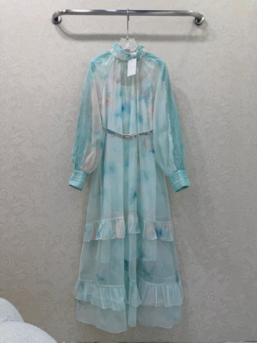 Zimmermann High-Waisted Lace-Trimmed Long Dress with Sea Salt Color and Belt
