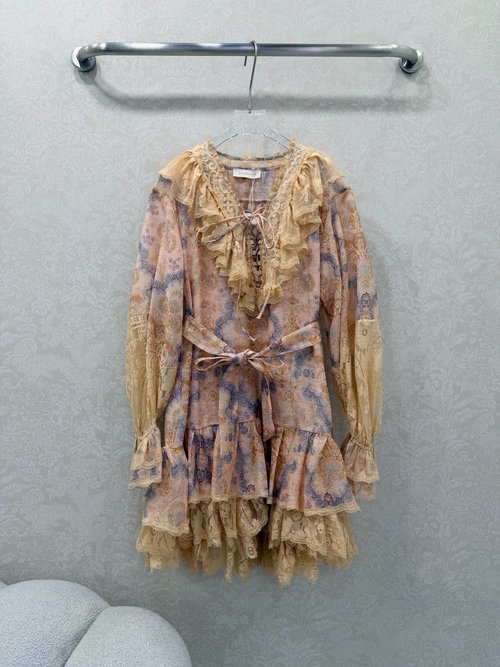 Zimmermann V-Neck Lace Short Dress with Ruffled Cuffs, Two-Piece Style