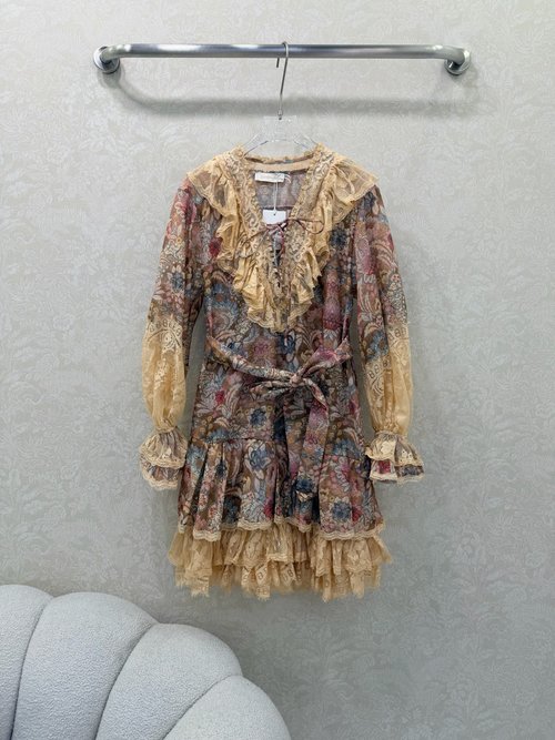 Zimmermann V-neck Lace Dress with Ruffled Cuffs, Two-piece Style