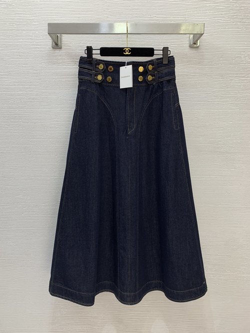 Zimmermann Custom Gold-Button Denim Midi Skirt with Leather Logo