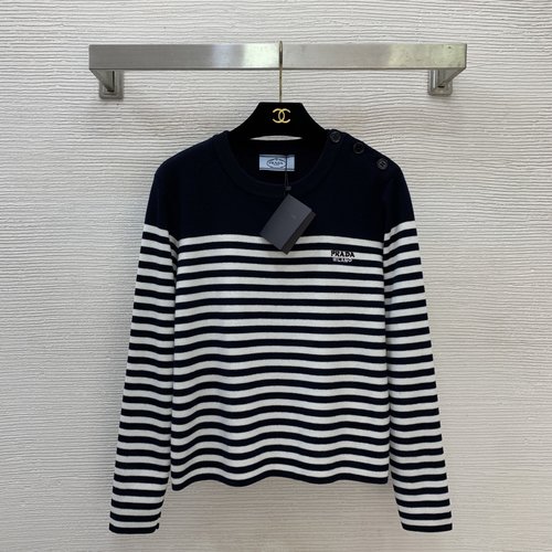 Prada Blue and White Striped Knit Top with Logo Embroidery