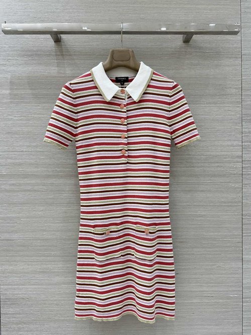 Chanel Exclusively Released Pink and Gold Striped Knit Dress with Waistband
