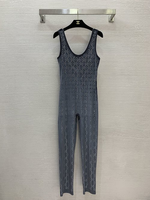 Gucci Velvet GG Logo High - Temperature Rhinestone Sleeveless Jumpsuit