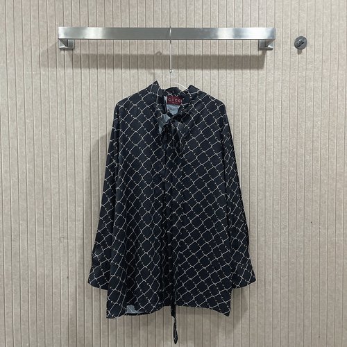 Gucci Silk Twill Shirt Dress with Brand Logo, Long Sash, Distinctive Design