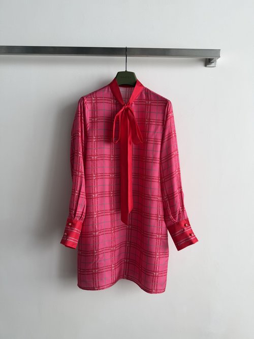 Gucci Graceful Checkered Silk Shirt Dress with Red Accents