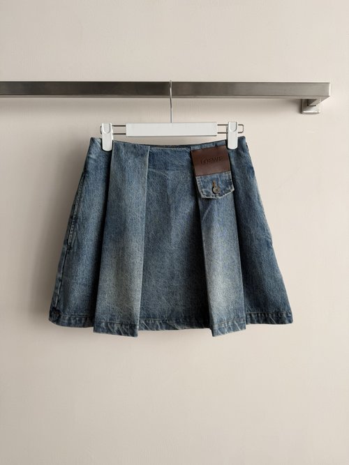 Loro Piana Denim Pleated Skirt with Vintage Wash and Leather Label