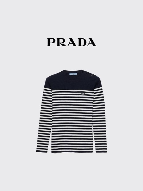 Prada Blue and White Striped Knit Top with Logo Embroidery