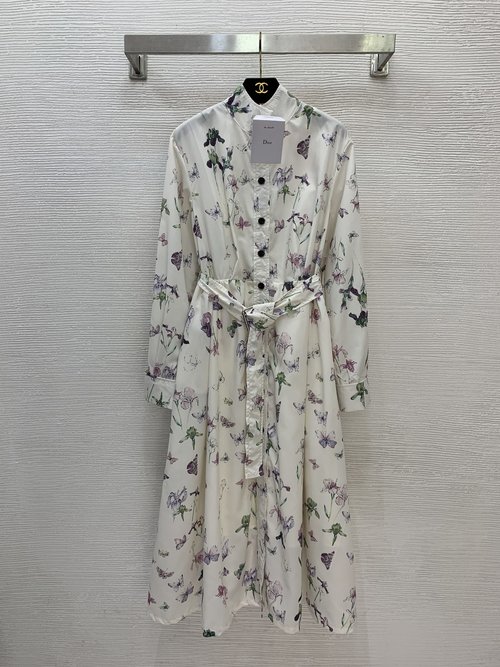 Dior Butterfly Print Waist-cinching Long Dress
