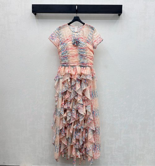Chanel YB Silk Sleeveless Dress with Camellia Print and Ruffled Hem