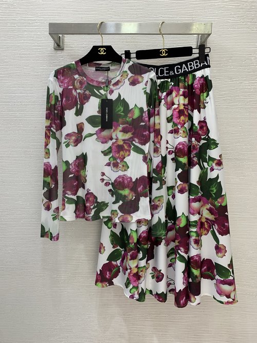 Dolce & Gabbana Black and White Floral Green Leaf Print Two-piece Set