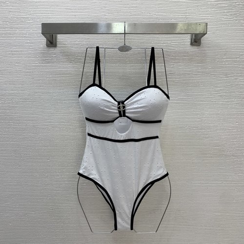 Chanel Two-tone Striped One-piece Swimsuit with Double C Decoration