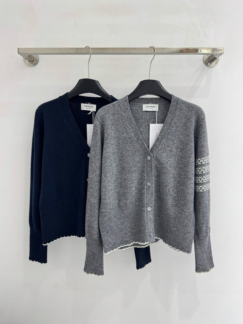Thom Browne V-Neck Knit Cardigan with Contrast Hem and Geometric Design