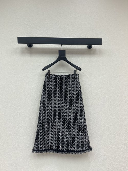 Dior Classic Long Skirt with Tartan Pattern and Fringe Edge