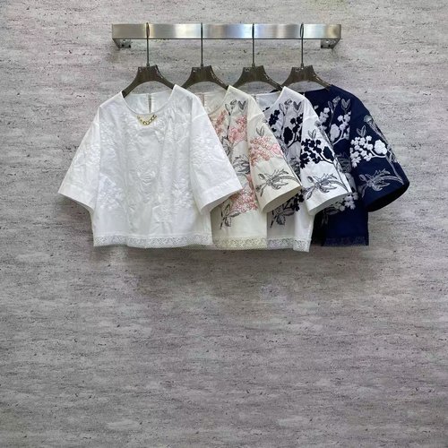 Valentino Floral New Chinese-Style Top with Delicate Lace Hem