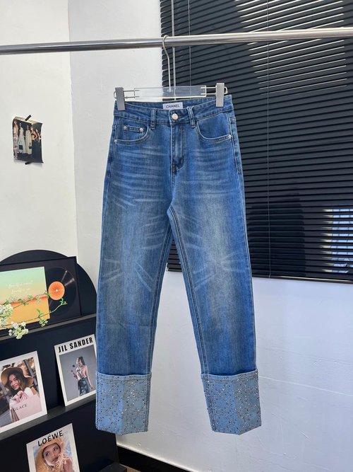 Chanel Ruffled and Studded Stretch Elastic Jeans