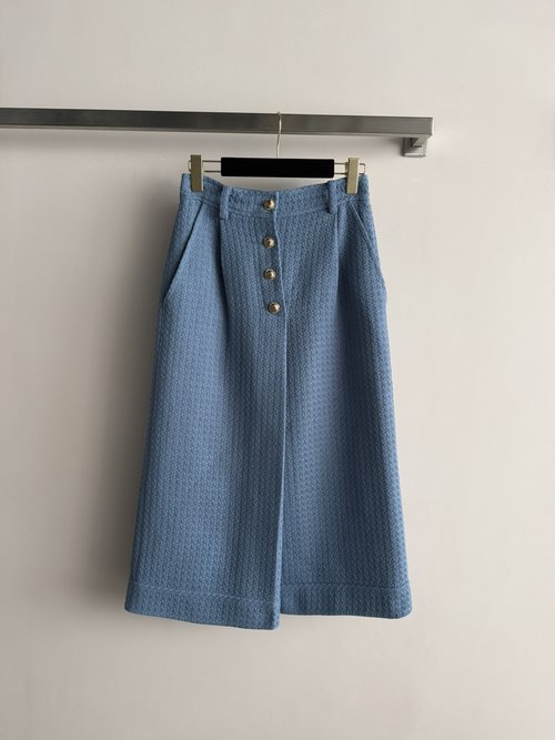 Chanel Blue Tweed Skirt with Golden Buttons for Elegant Look