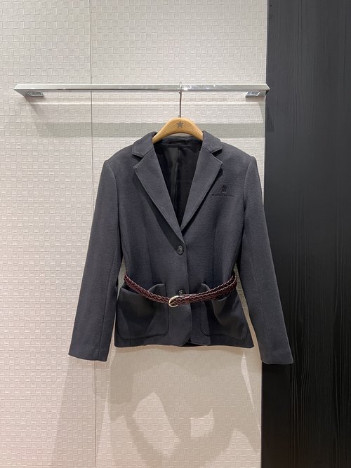 Brunello Cucinelli Embroidered Logo Wool Blazer with Pearl Chain & Belt