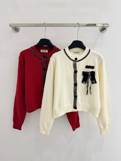 Miu Miu Autumn-Winter Knitted Cardigan with Bow and Letter Embroidery