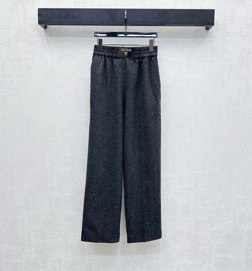 Celine Imported Wool Wide - Leg Pants with Leather Logo, Sophisticated and Relaxed
