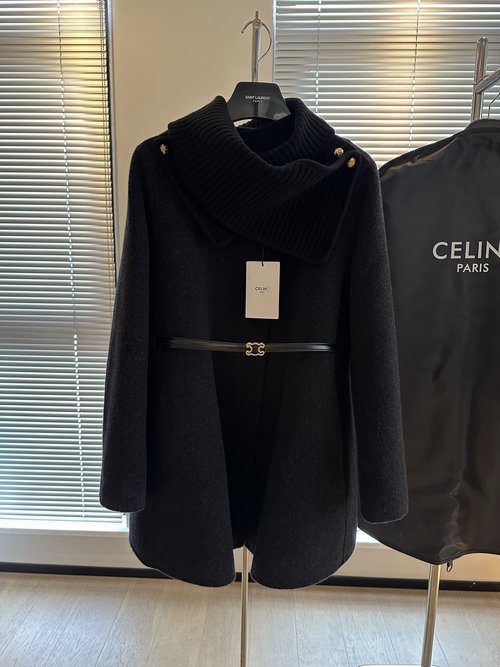 Celine French - designed Wine - red Cashmere Coat with High - collared Knit