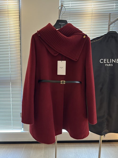 Celine Customized French Style Wine Red Cashmere Coat, Multiple Ways to Wear