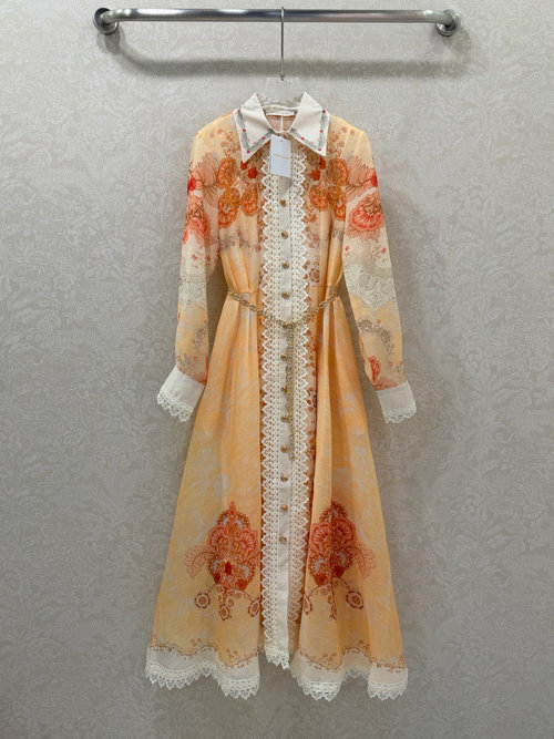 Zimmermann Long Lace Dress with Ruffled Collar and Chain Belt