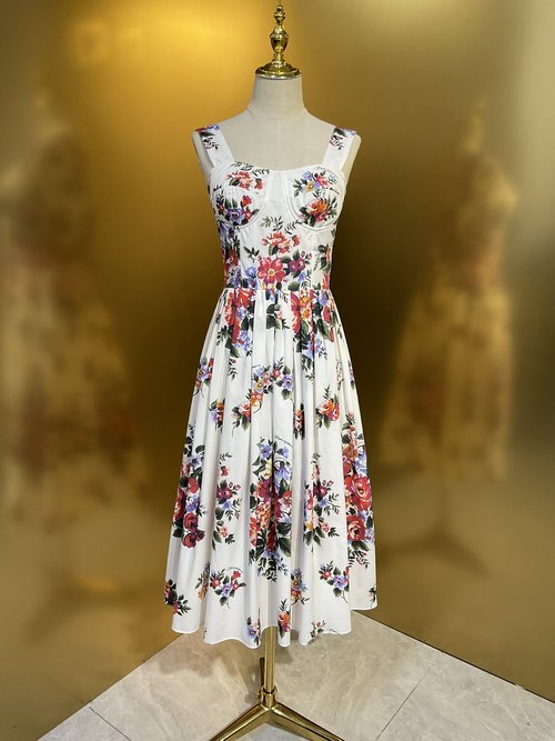 Dolce & Gabbana Fashionable Cotton Sling Dress with White & Big Flowers