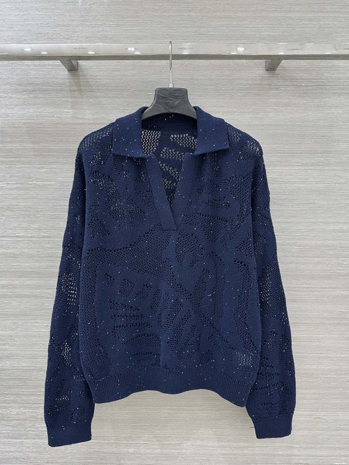 Brunello Cucinelli High-End Sequined Crochet Loose Long-Sleeve Top