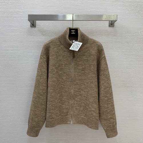 Loewe Loose Collared Knitted Cardigan with Leather Logo Zipper