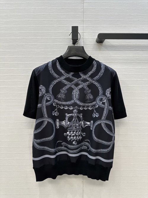 Hermes Saddle Print Spliced Knit Top, Soft Stylishness