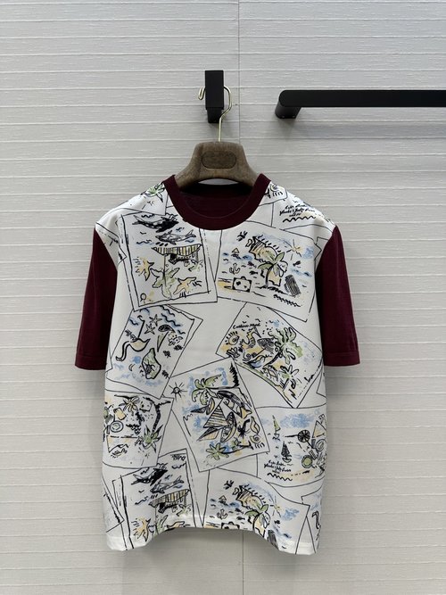 Loro Piana Beach Print Spliced Knit Top, Graceful All-Match