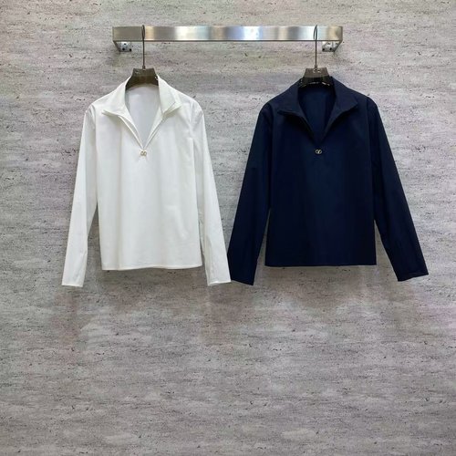 Valentino Simple Zip-Up Collared Shirt with Metal Buttons, Highly Breathable