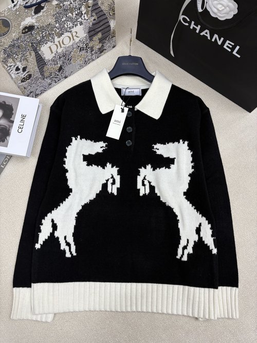 Ami Knitted Collar Open Cardigan with Colorful Jacquard and Logo Buttons