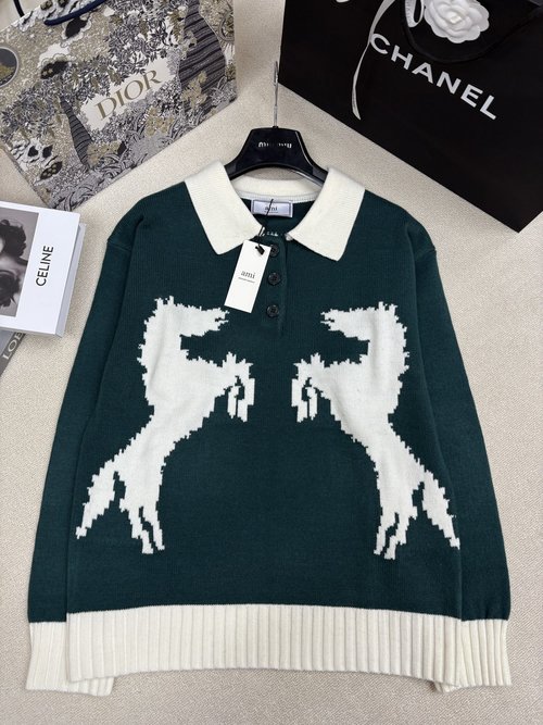 Ami Knitted Collar Open Cardigan with Colorful Jacquard and Logo Buttons