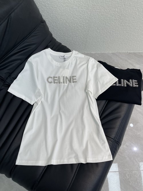 Celine Versatile Cotton Short-Sleeve T-Shirt with Studded Letter Logo
