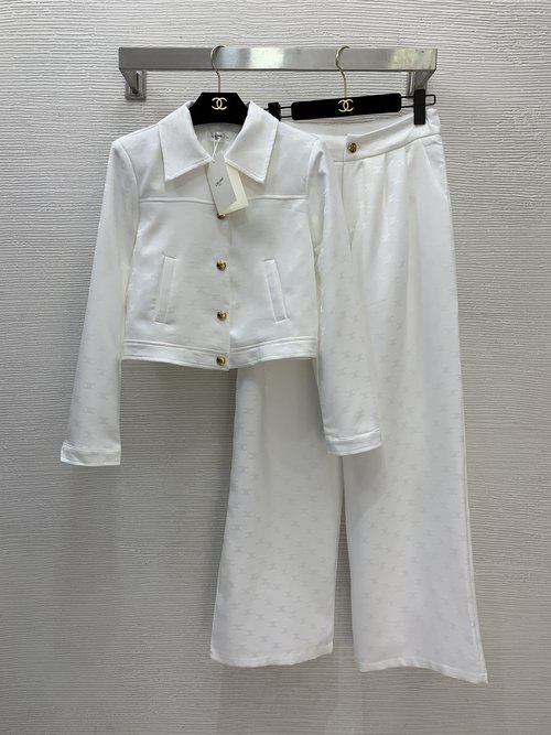 Celine Timeless Arch Logo Jacquard Two-Piece Outfit with Loose Coat & Wide-Leg Pants