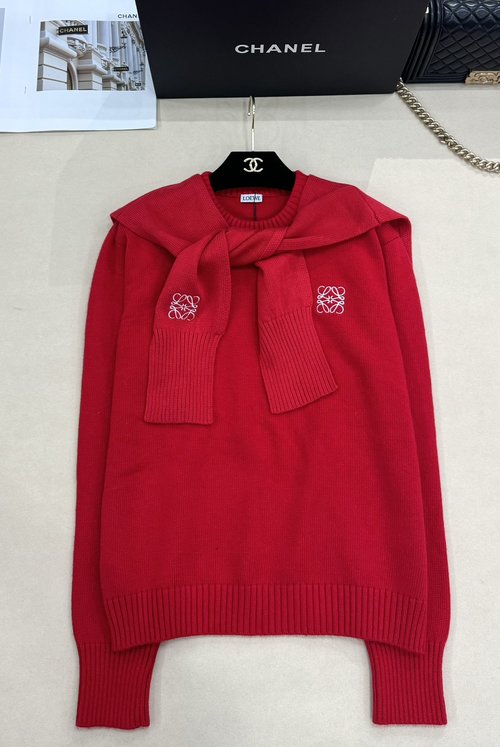 Loewe Knitted Round-Neck Long-Sleeve with Matching Shawl and Embroidered Logo