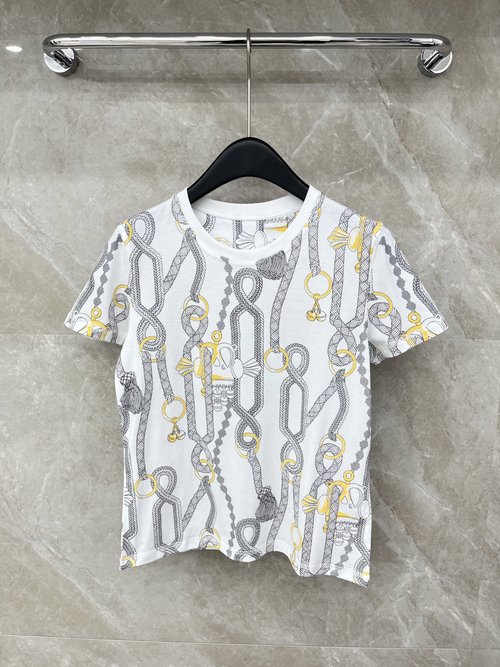 Hermes New Print Short-Sleeved T-Shirt, Slimming and Luxurious