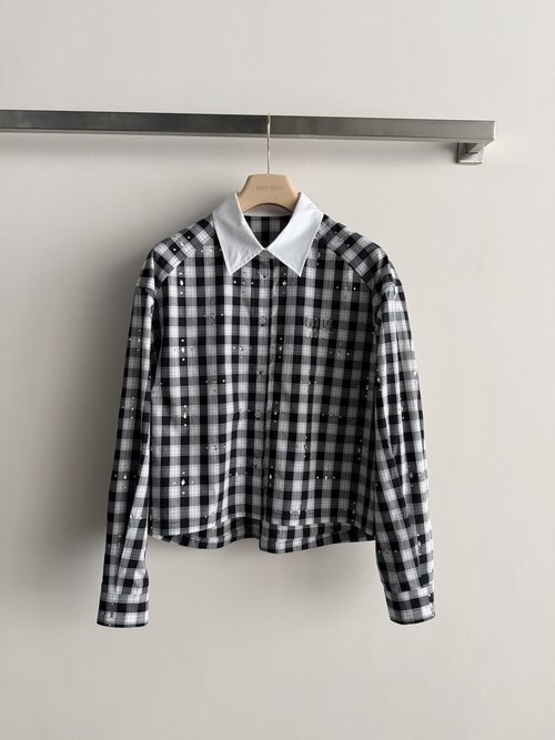 Loro Piana Checked Long-Sleeve Shirt with Embroidered & Rhinestone Deco