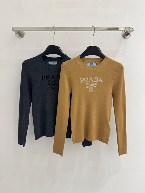 Prada Prada Round-Neck Slim Top with Chest Letter Jacquard