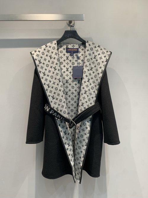 Louis Vuitton Wrap-style Mid-length Silk-wool Blend Coat with Big Collar