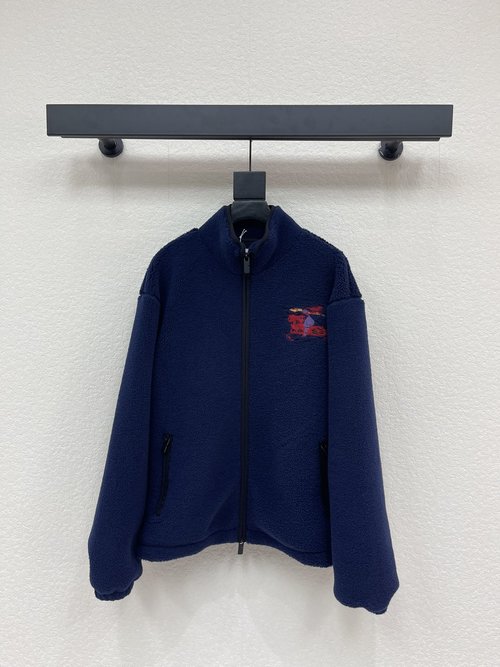 Burberry Furry Coat with Equestrian Emblem, Soft and Stylish