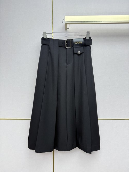 Loewe Pleated Skirt with Letter Leather Tag and Matching Belt