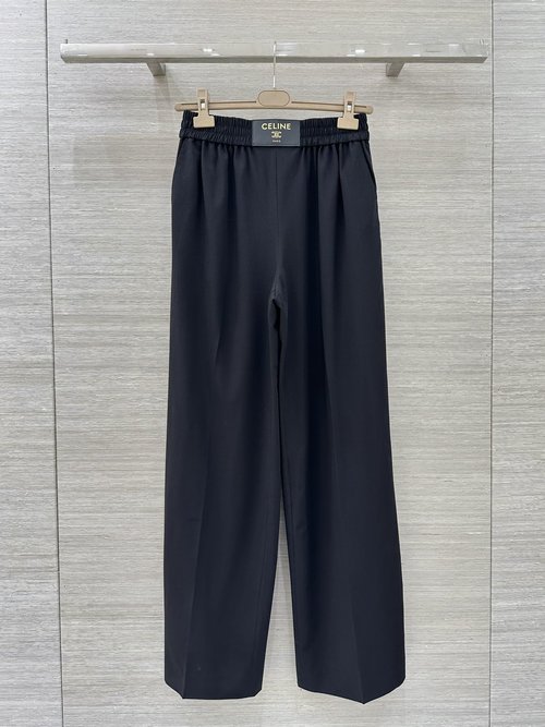 Celine CE Leather Badge Straight-Leg Slimming Wool Trousers