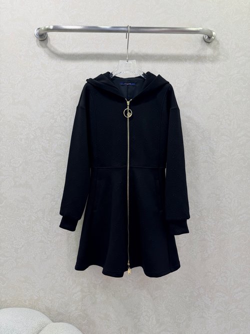 Louis Vuitton Stylish Hooded Waist-Contracted Dress with Monogram and Leather