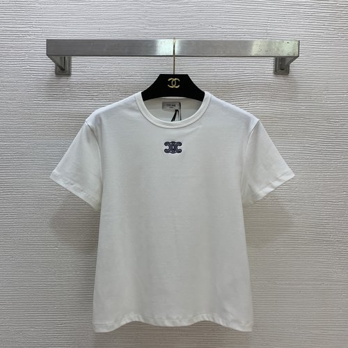 Celine Custom Embroidered Logo Blue and White Round Neck T-Shirt