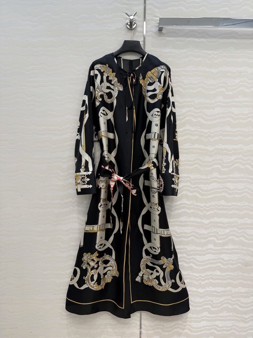 Hermes Silk Print Dress with Batwing Sleeves, Elegant